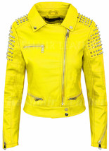 Women Full Yellow Silver Studded Punk Hot Club Unique Rock Biker Leather... - $170.99