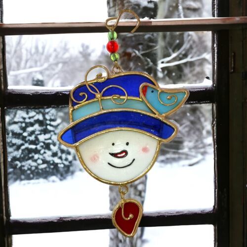 Primary image for Snowman Stained Glass Ornament Suncatcher Handmade Winter Blue Bird Snow Vintage