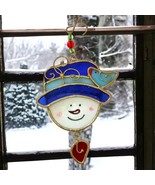 Snowman Stained Glass Ornament Suncatcher Handmade Winter Blue Bird Snow... - £15.56 GBP