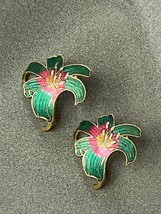 Large Green &amp; Pink Enamel Orchid Flower Cloisonne Goldtone Post Earrings for Pie - £9.77 GBP