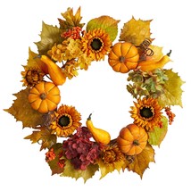 22” Autumn Hydrangea, Pumpkin And Sunflower Artificial Fall Wreath - £64.72 GBP