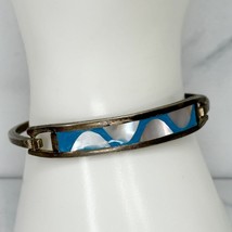 Vintage Mexico Alpaca Silver Tone Mother of Pearl Shell Hinge Bangle Bracelet - £19.75 GBP