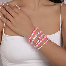 Pink &amp; White Howlite &#39;Happy&#39; Beaded Stretch Bracelet Set - £12.01 GBP