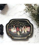 Vintage Elite Small Mini Black Metal Coaster Tray Asian Oriental Scene H... - €10,18 EUR