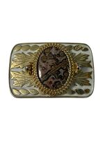 Vintage Western Belt Buckle Leopard Jasper Stone Gold Tone Trophy Style ... - $16.20