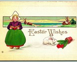 Olandese Girl Pasqua Auguri Bunny Mulini a Vento Tulipani 1914 DB Cartol... - $6.10