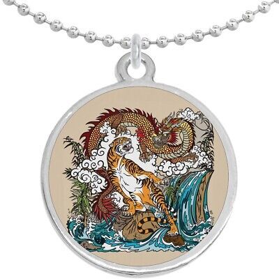 Japanese Dragon and Tiger Round Pendant Necklace Beautiful Fashion Jewelry - £8.46 GBP