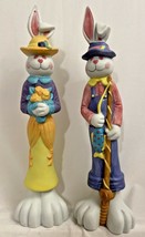 Tall Stick Figurines Easter Rabbits Country Man Woman Big Feet Fishing Flowers - $29.69