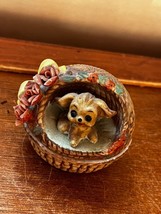 Vintage Small Very Cute Puppy w Yellow Ribbon Red Roses Faux Basket Bed Ceramic - £7.46 GBP