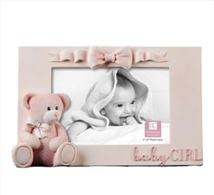 Pink Teddy Bear Photo Frame Baby Girl 9.1" Long Holds 4" x 6" Picture Poly Stone