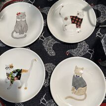 Magenta Brand Rae Dunn 4pc Set Dapper Fun Cats Pattern 6“ Ceramic Plates... - $34.37