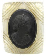 Antique Victorian Carved Jet and Celluloid Mourning Cameo Brooch  - $147.51