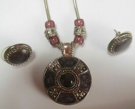 Signed KC Silver-tone Purple Enamel Pendant Necklace &amp; Earrings Set - $19.25