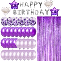 49Pcs Purple Silver Birthday Decorations Party Supplies Set, Purple Balloons, Fr - £24.29 GBP