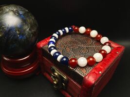 USA Flag Gemstone Beaded Bracelet: Carnelian, Moonstone &amp; Quartz - $26.12