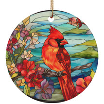 Red Cardinal Bird Ornament Multicolor Stained Glass Flower Wreath Christmas Gift - £11.66 GBP
