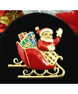 SANTA & SLEIGH Christmas Pin Vintage Red Enamel Brooch Sack Gifts Goldtone AVON - £15.81 GBP