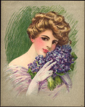 1910 Victorian Print - Lady with Purple Hyacinths - £9.73 GBP