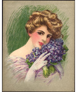1910 Victorian Print - Lady with Purple Hyacinths - £9.73 GBP