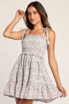 Lulu&#39;s Sonic Bloom Blue Floral Eyelet Tie-Strap Mini Dress Pockets SMALL... - £23.19 GBP