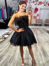 A-Line Black Tulle Short Party Homecoming Dress with Feathers - £114.03 GBP