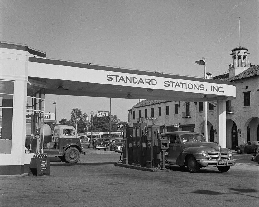 Primary image for Cars fill up with gasoline at Standard Oil station Tracy California Photo Print