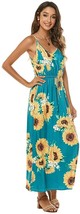 XXL Women&#39;s Strap V-Neck Drawstring Waist Floral Casual Maxi Dress with Pockets - $26.72