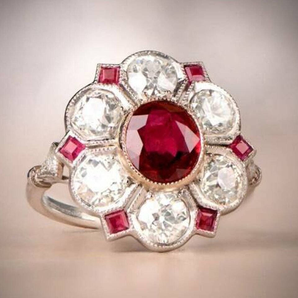 Primary image for 1.10CT Simulated Ruby Vintage Cluster Engagement Ring White Gold Plated Silver