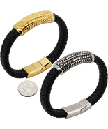 316L Stainless Steel 18k Yellow Gold Plated 16mm Braided Leather Bracelet 8.5” - $32.99