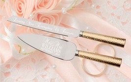 Personalized Wedding Cake Knife Set With Gold Hammered Handles Engraved ... - £52.69 GBP
