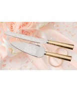 Personalized Wedding Cake Knife Set With Gold Hammered Handles Engraved ... - £48.04 GBP