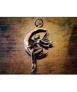 Bronze Elf on Moon Crescent Pendant – 4 cm Fantasy Fairy Amulet - $378.90 MXN