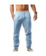 Sky Blue Mens Linen Trousers Cotton Harem Casual Yoga Pants - £16.89 GBP