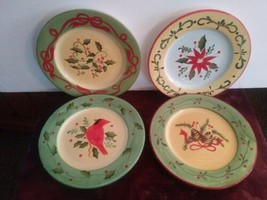 Set Of 4 Target Home Christmas Dessert Plates Cardinal, Pine Combs, Poin... - $31.67