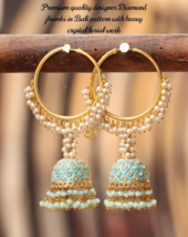 Indian Bollywood Style Enameled Blue CZ Bali Hoop Jhumka Earrings Jewelry Set - £30.36 GBP