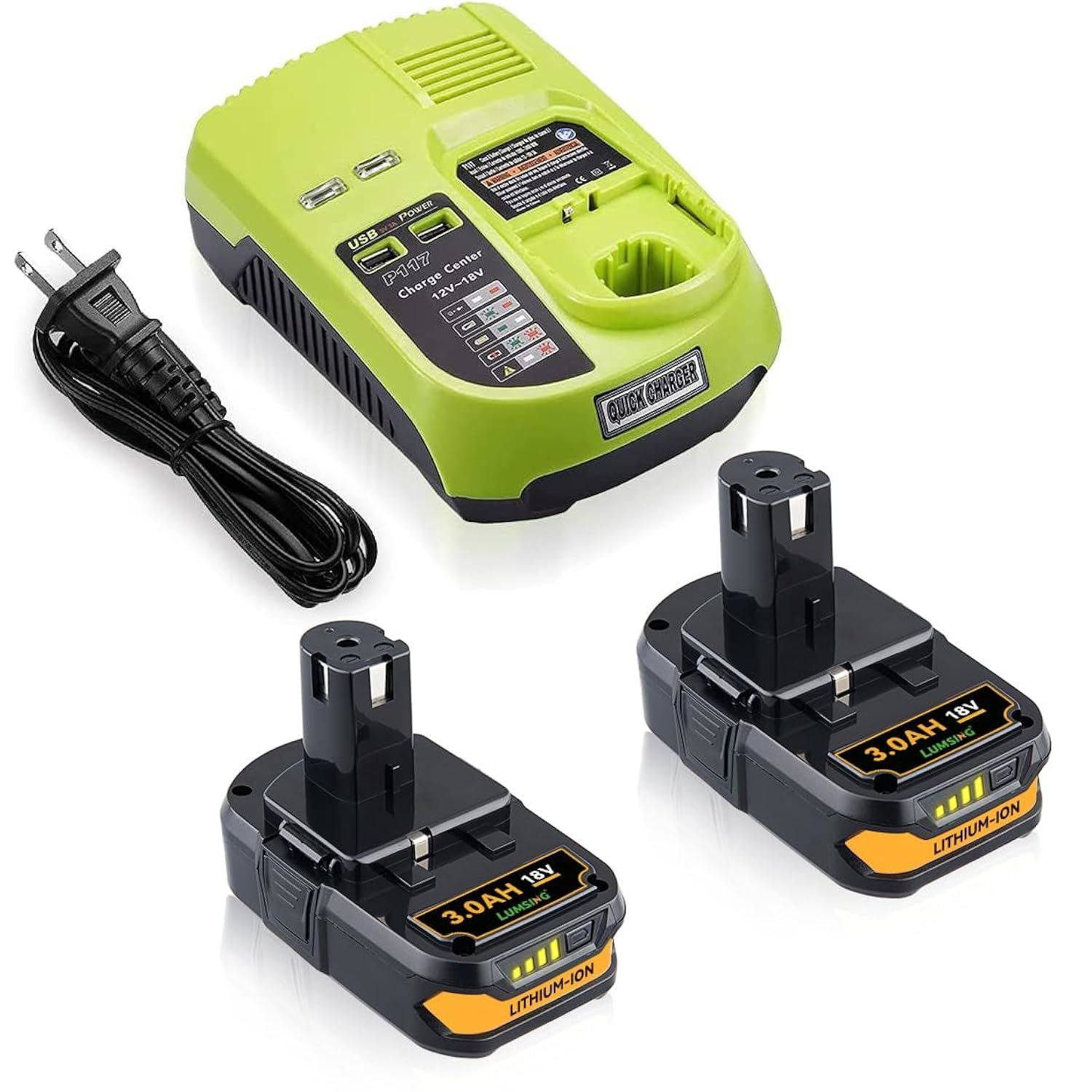 2Pack 3.0Ah P108 P102 Replacement for Ryobi Battery 18V Lithium + P117 Charger f