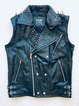 HANDMADE Long Spiked Studded Leather Jacket and Vest Two in One Removable Sleeve - £208.62 GBP