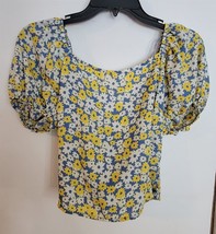 Womens S Blue/White/Yellow Floral Print Cropped Shirt Top Blouse - $18.81