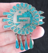 Vintage STERLING SILVER &amp; TURQUOISE brooch leaf arrow native american - £73.34 GBP