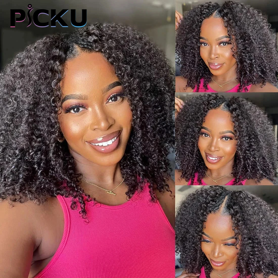 Kinky Curly V Part Wig Human Hair No Leave Out Thin Part Malaysian Hair Wigs f - $82.12+