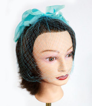 Vintage Womens 60s Birdcage Hair Net Veil Aqua Teal Color Large Bow - £15.48 GBP