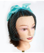 Vintage Womens 60s Birdcage Hair Net Veil Aqua Teal Color Large Bow - £15.60 GBP