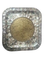 Brass &amp; Abalone Vintage Platter/ Wall Plaque Aztec Calendar Motif 14 X 15 - £271.85 GBP