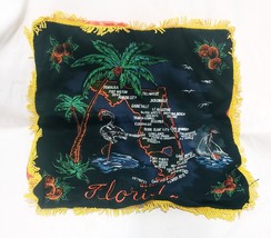 Black Velvet Florida Souvenir Pillow Cover Sham Vintage 16&quot; Painted Map Fringe - £19.08 GBP