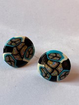 Thin Black Cream &amp; Turquoise Polymer Clay Swirl Round Post Earrings for Pierced - $11.29