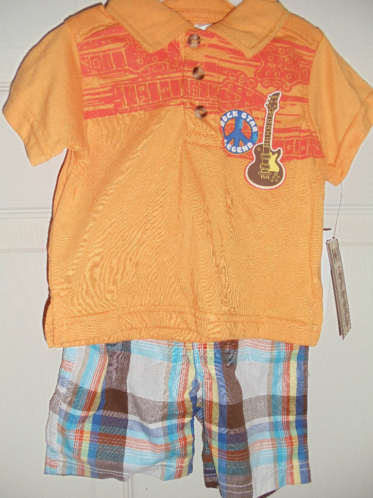 Primary image for Kids Headquarters Boy 2 Piece Shirt & Shorts Set Orange Brown Plaid 3-6 months
