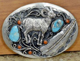 Native American Sterling Silver Turquoise &amp; Coral Ram Belt Buckle 20150821 - £308.80 GBP