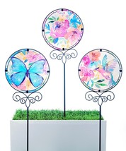 Butterfly Floral Garden Stakes Set 3 Glass Metal Scroll 32" High Double Pronged