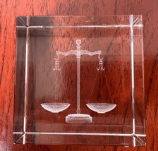 3D Laser Etched Crystal Glass Cube 3&quot; “Lady Justice Balance Scales” Paperweight - £7.44 GBP