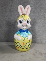 Vintage Ceramic Easter Bunny Inside Egg With Blue Bow Tie 11&quot; Tall Hand ... - £8.20 GBP